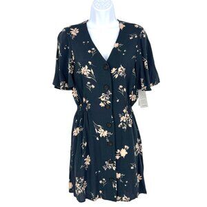 Abound Floral Short Sleeve Button-Front A-Line Mini Dress Charcoal Size Small NW